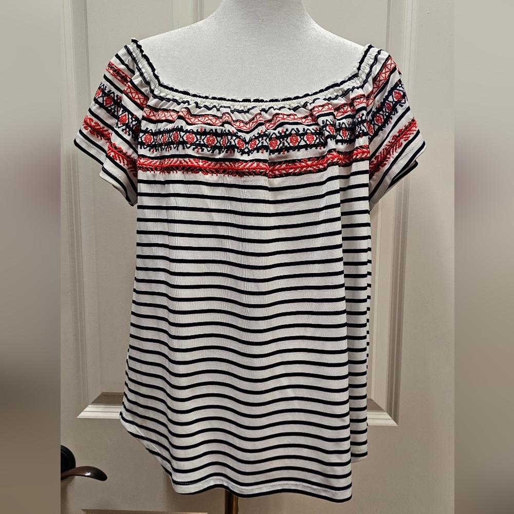 Red, White and Blue Off-the-Shoulder Blouse